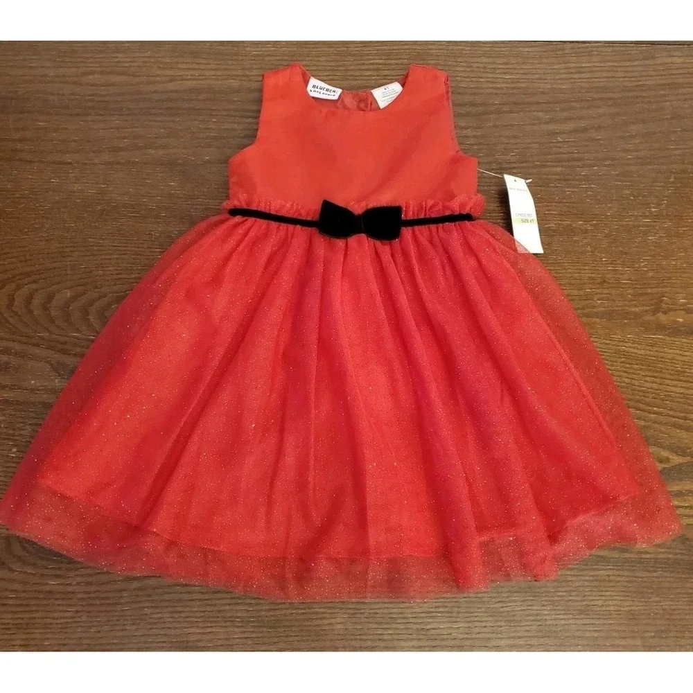 Blueberi Boulevard Girls 4T Red Dress Satin, Sheer & Glittery w/Plaid Pony‎ Tote